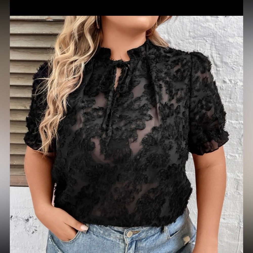 SHEIN Unity plus size tie, neck, puff sleeves, fuzzy blouse - Picture 3 of 5